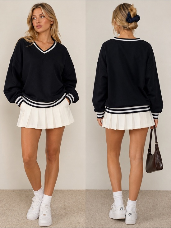 Edikted Tops - EDIKTED Navy V-Neck Pullover with White Stripe Trim